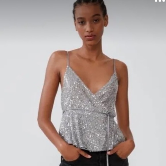 ZARA SILVER SEQUIN WRAP TOP NWT - Picture 2 of 6